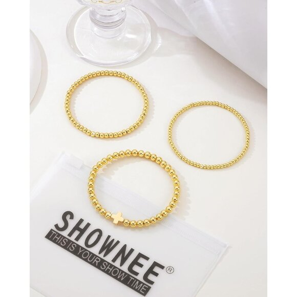 Gold Beaded Bracelet Set for Women 14K Gold Plated Stylish and Stackable - Picture 6 of 6